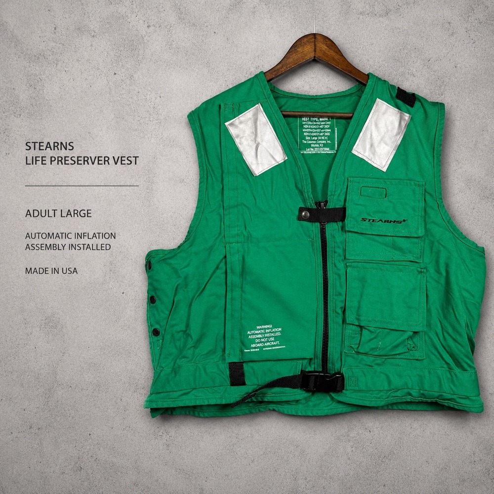 Stearns Life Preserver Vest Mark 1 Green Adult Large Tactical Utility Made USA
